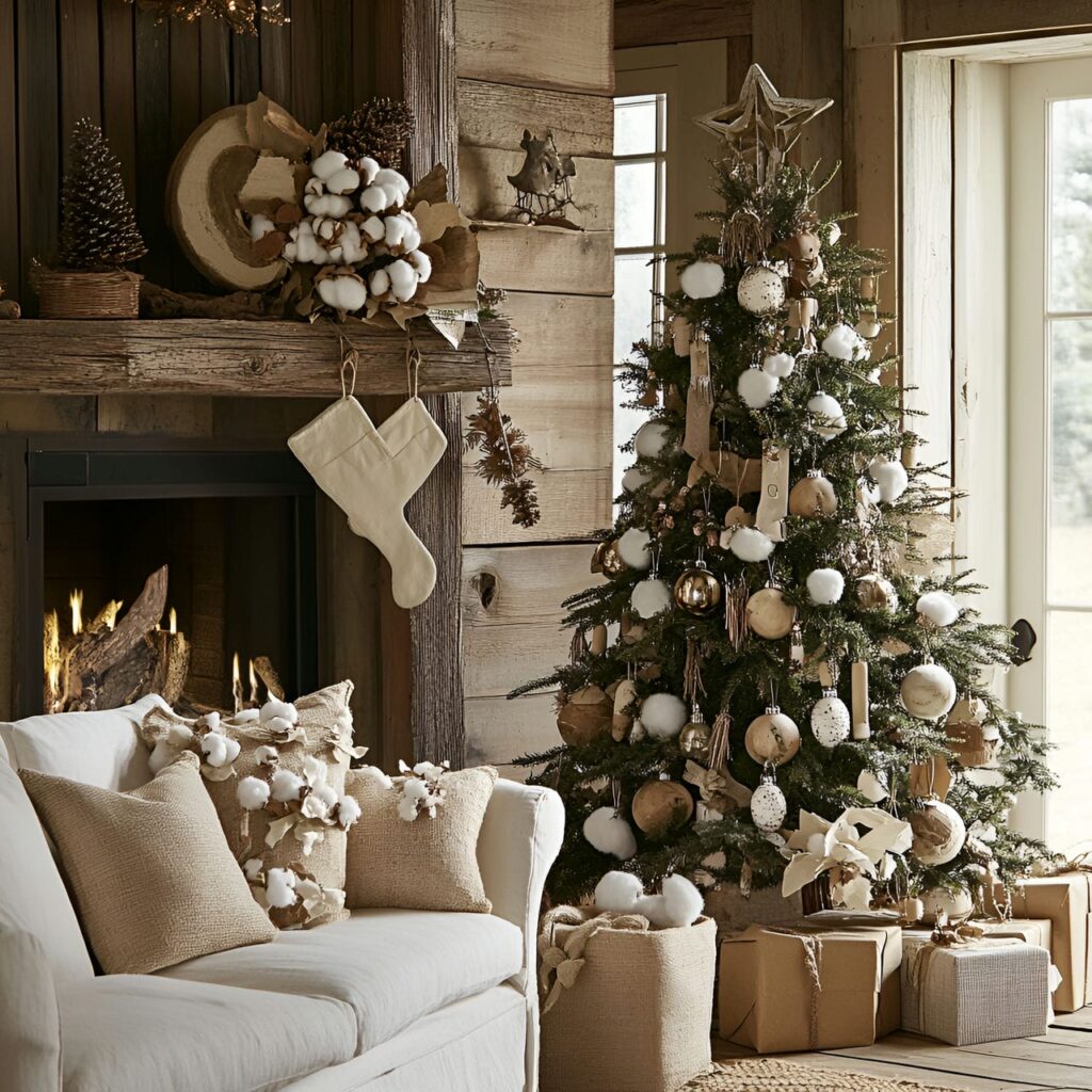 04. Countryside Comfort Tree with Wooden Ornaments and Burlap Garlands