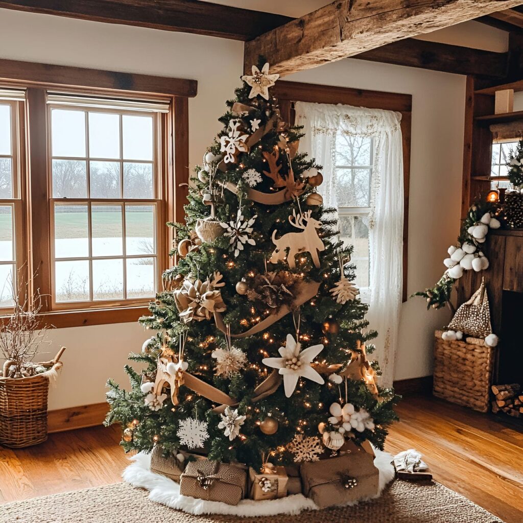 04. Countryside Comfort Tree with Wooden Ornaments and Burlap Garlands