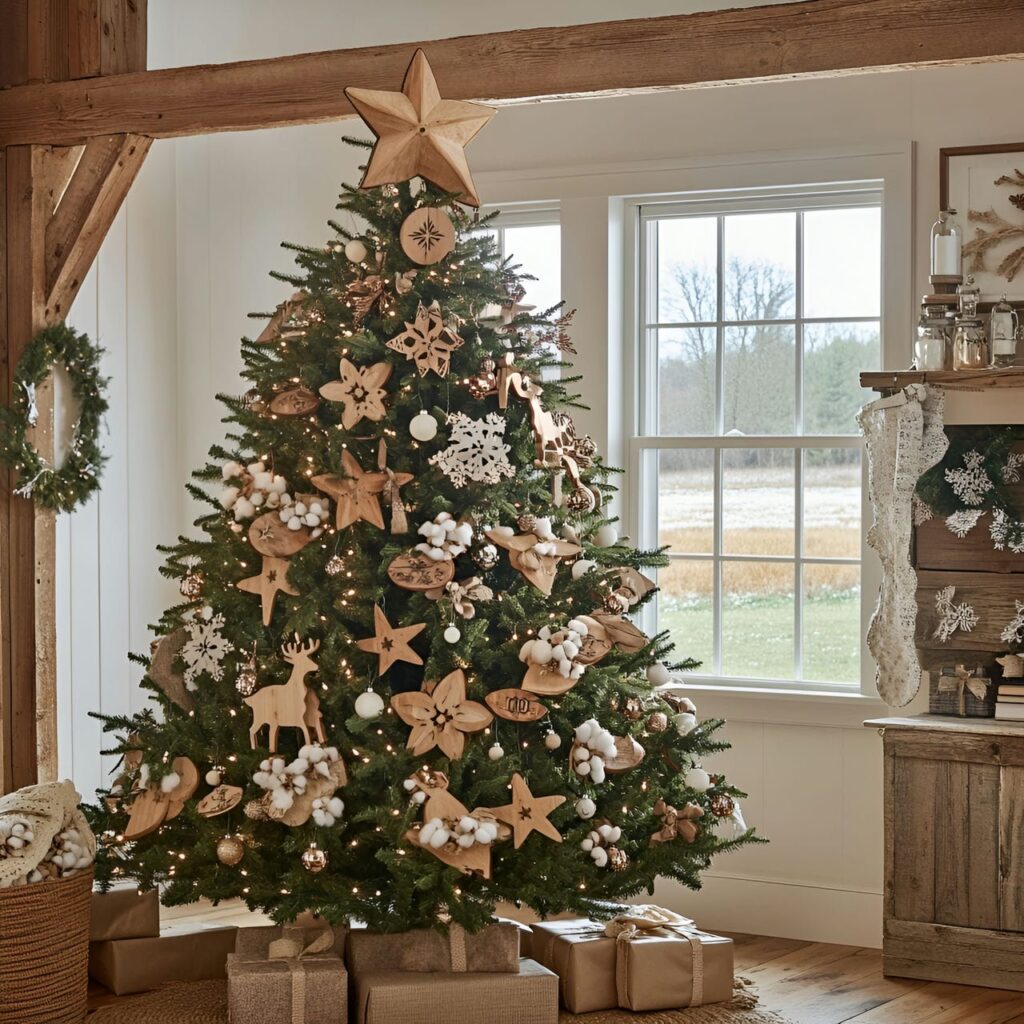 04. Countryside Comfort Tree with Wooden Ornaments and Burlap Garlands