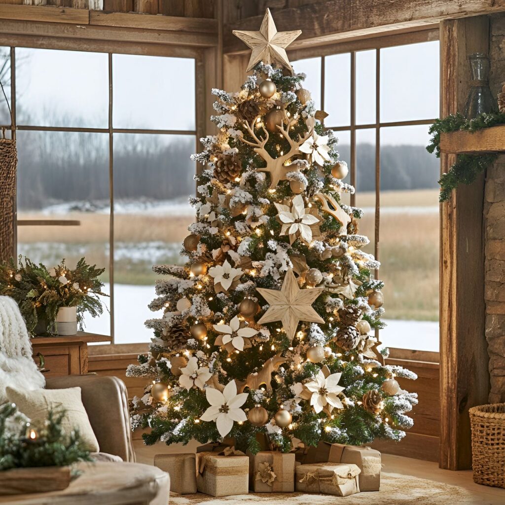 04. Countryside Comfort Tree with Wooden Ornaments and Burlap Garlands