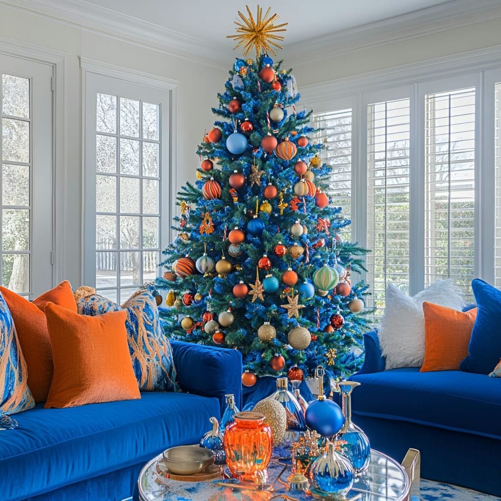 17. Cozy Living Room with Vibrant Blue Christmas Tree and Playful Décor