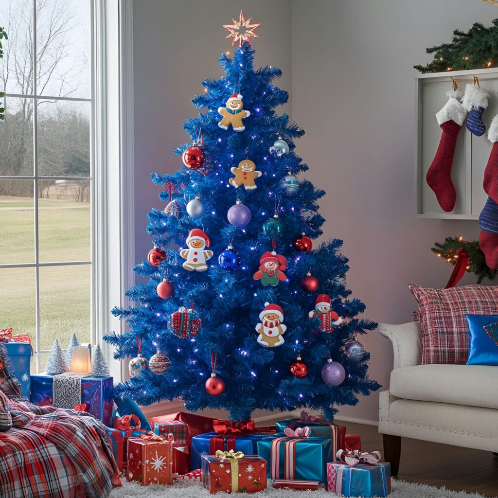 17. Cozy Living Room with Vibrant Blue Christmas Tree and Playful Décor