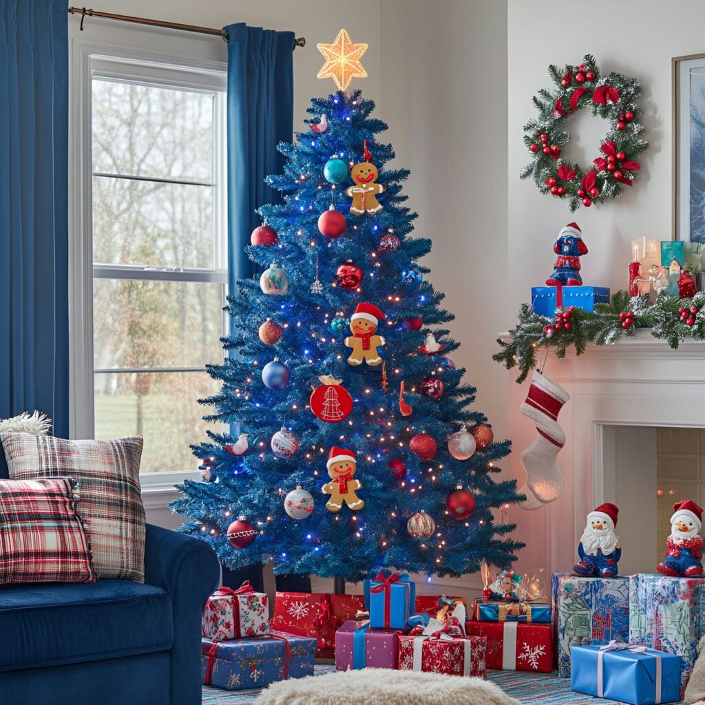 17. Cozy Living Room with Vibrant Blue Christmas Tree and Playful Décor