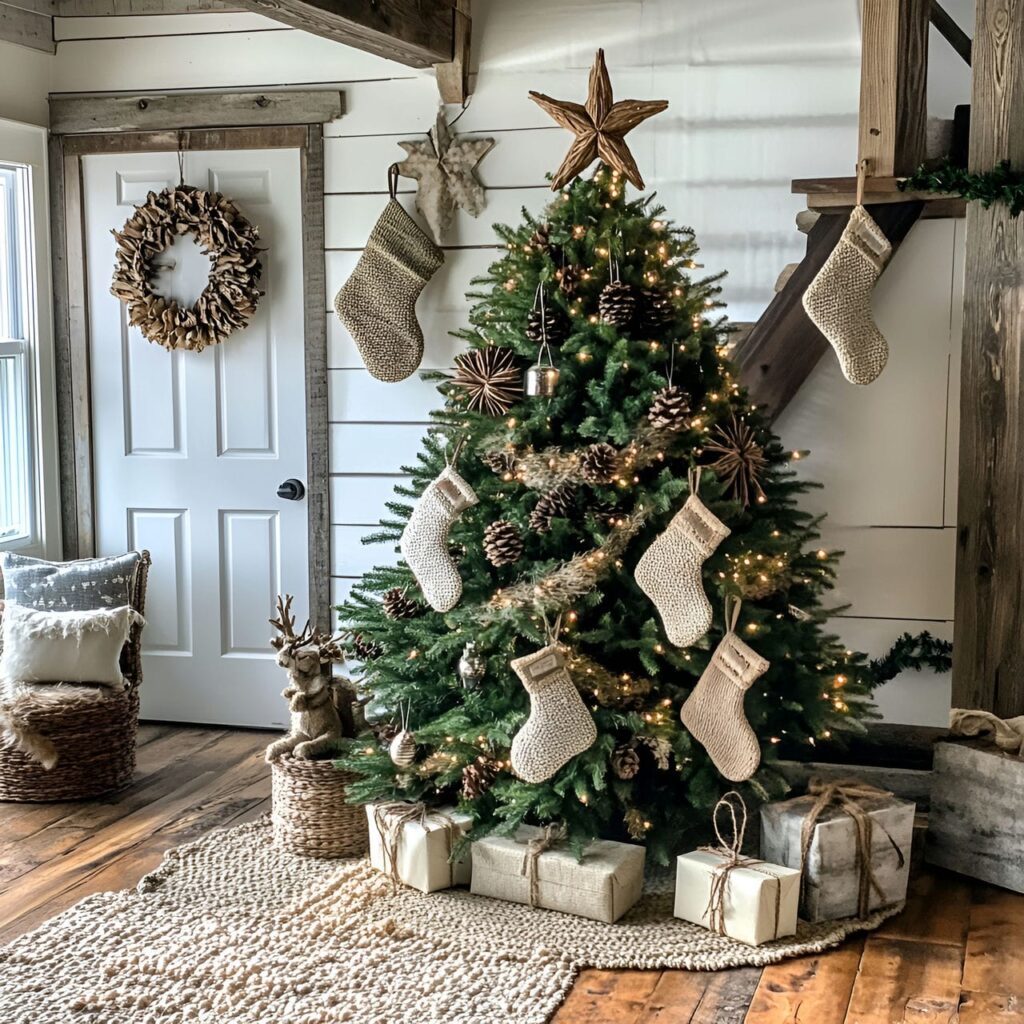 08. Cozy Cabin Tree with Woolen Stockings and Twig Star Topper