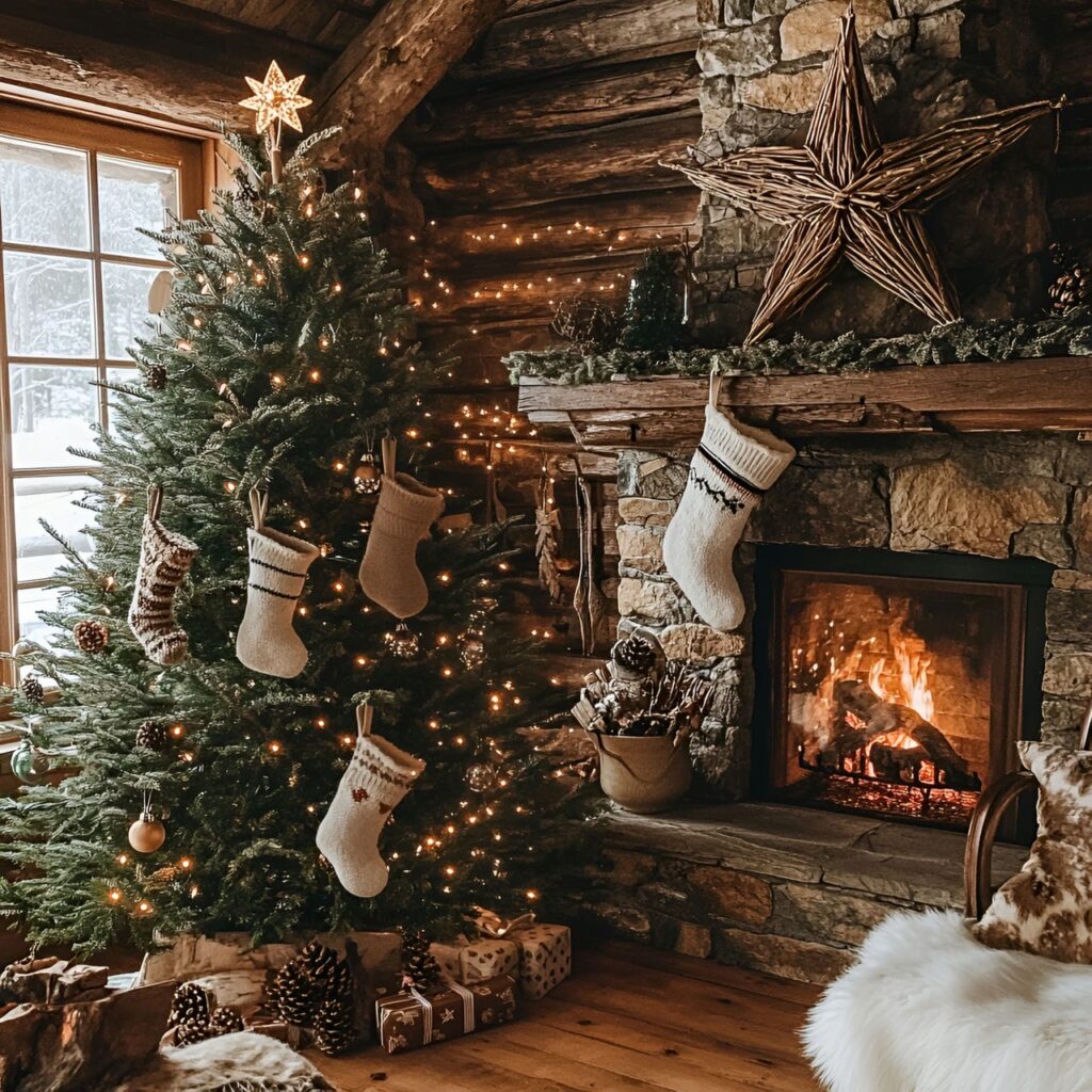 08. Cozy Cabin Tree with Woolen Stockings and Twig Star Topper