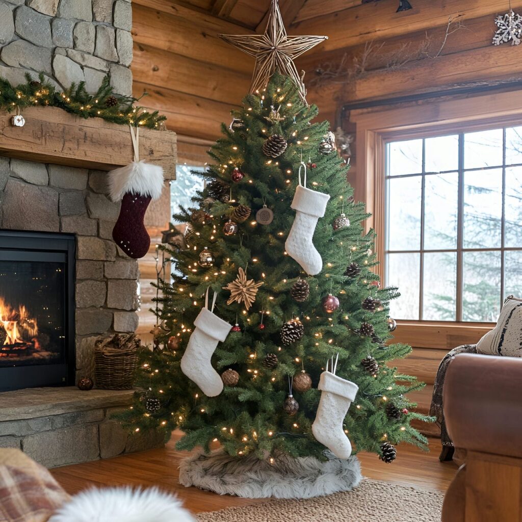 08. Cozy Cabin Tree with Woolen Stockings and Twig Star Topper