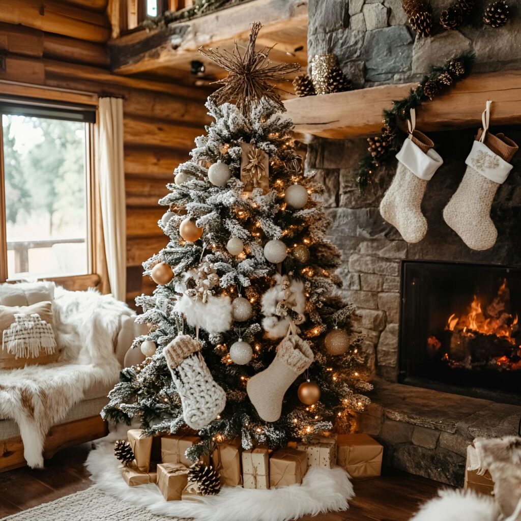 08. Cozy Cabin Tree with Woolen Stockings and Twig Star Topper