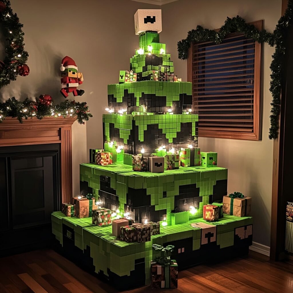 27. Minecraft-Inspired Christmas Tree: Blocky Holiday Décor for Gamers