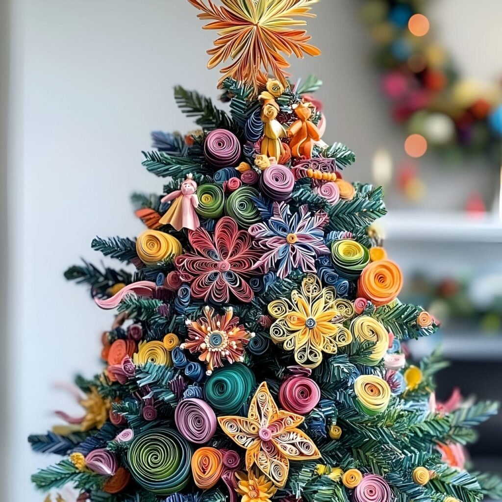 12. Paper Quilling Ornaments Tree with Intricate Snowflakes