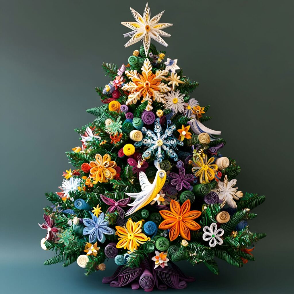 12. Paper Quilling Ornaments Tree with Intricate Snowflakes