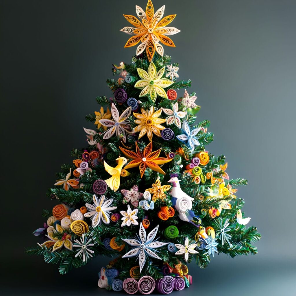 12. Paper Quilling Ornaments Tree with Intricate Snowflakes