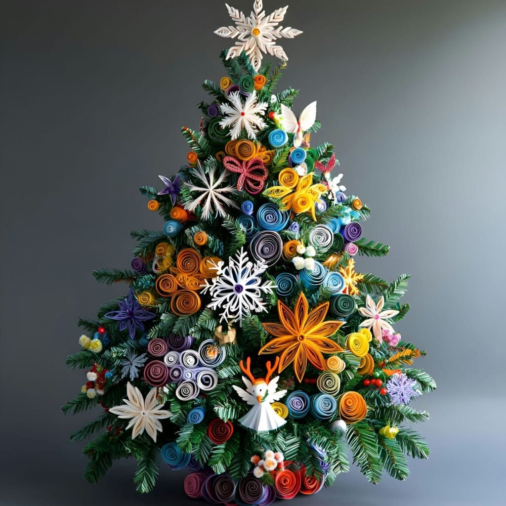 12. Paper Quilling Ornaments Tree with Intricate Snowflakes