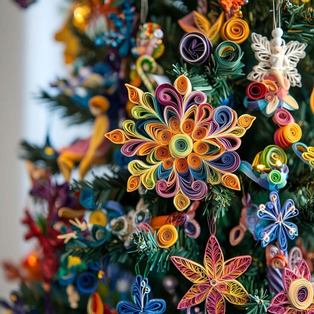 12. Paper Quilling Ornaments Tree with Intricate Snowflakes