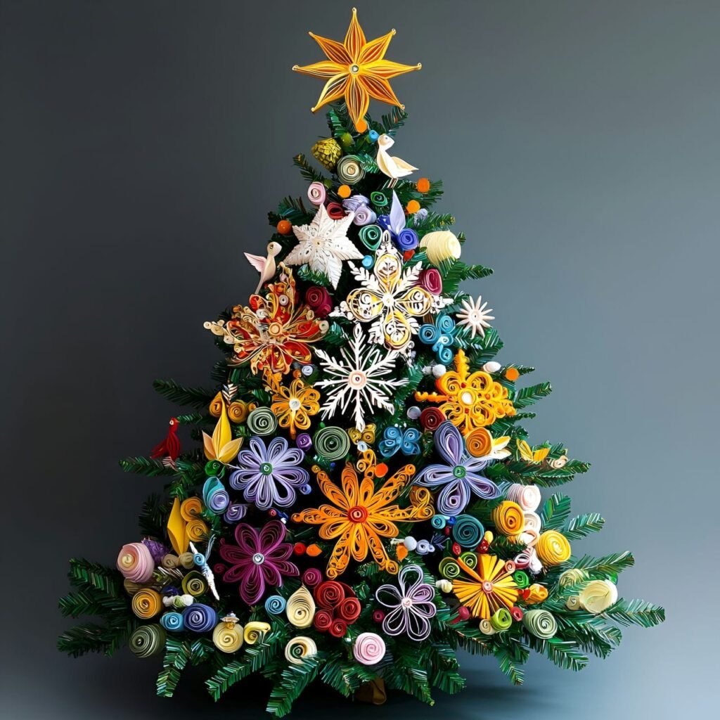 12. Paper Quilling Ornaments Tree with Intricate Snowflakes