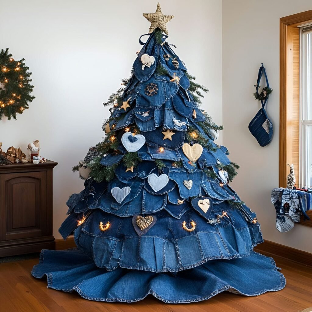 11. Denim-Inspired Blue Christmas Tree with Upcycled Ornaments