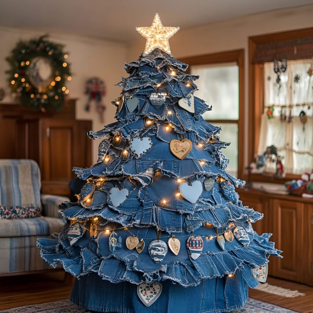 11. Denim-Inspired Blue Christmas Tree with Upcycled Ornaments