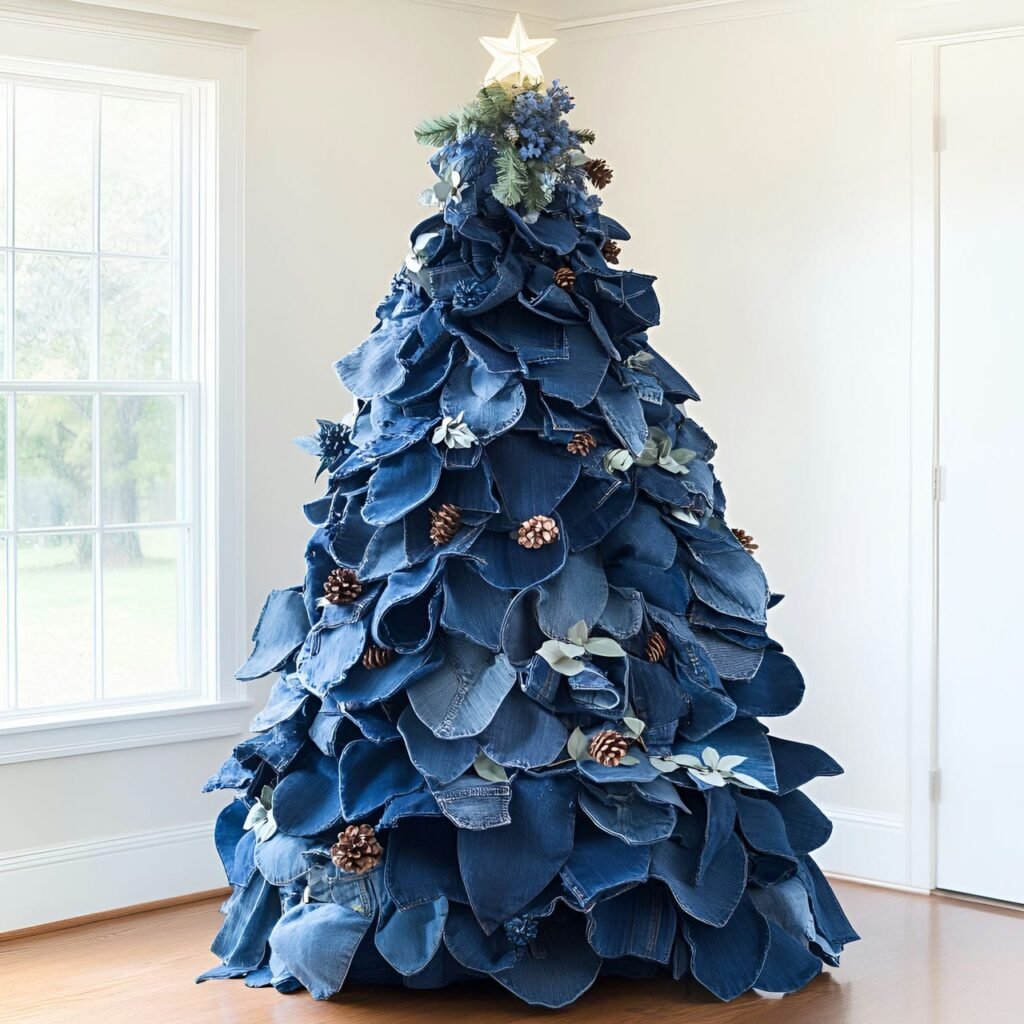 11. Denim-Inspired Blue Christmas Tree with Upcycled Ornaments