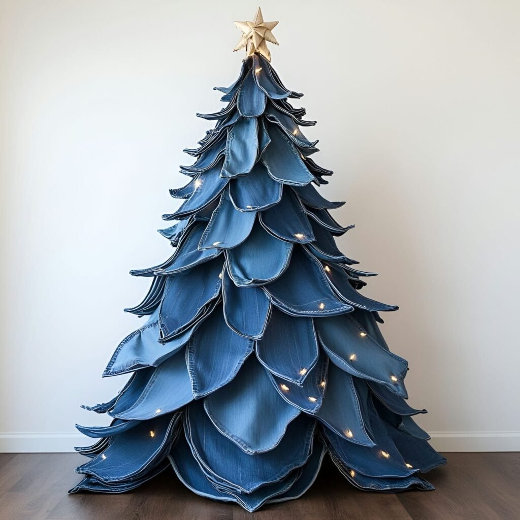 11. Denim-Inspired Blue Christmas Tree with Upcycled Ornaments