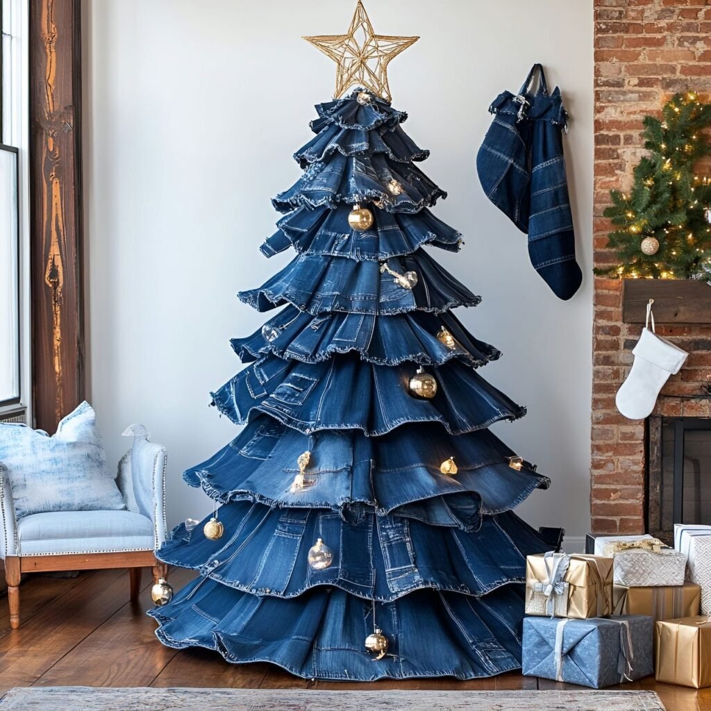 11. Denim-Inspired Blue Christmas Tree with Upcycled Ornaments