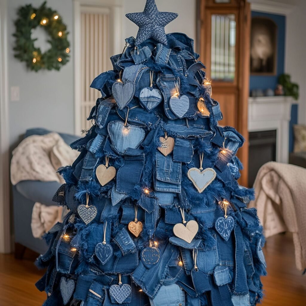 11. Denim-Inspired Blue Christmas Tree with Upcycled Ornaments