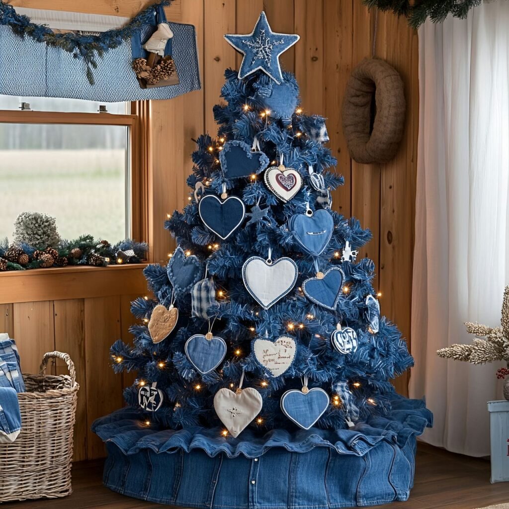 11. Denim-Inspired Blue Christmas Tree with Upcycled Ornaments