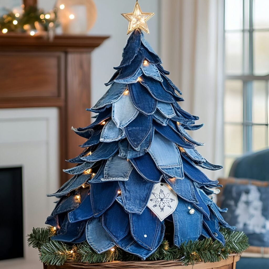 11. Denim-Inspired Blue Christmas Tree with Upcycled Ornaments