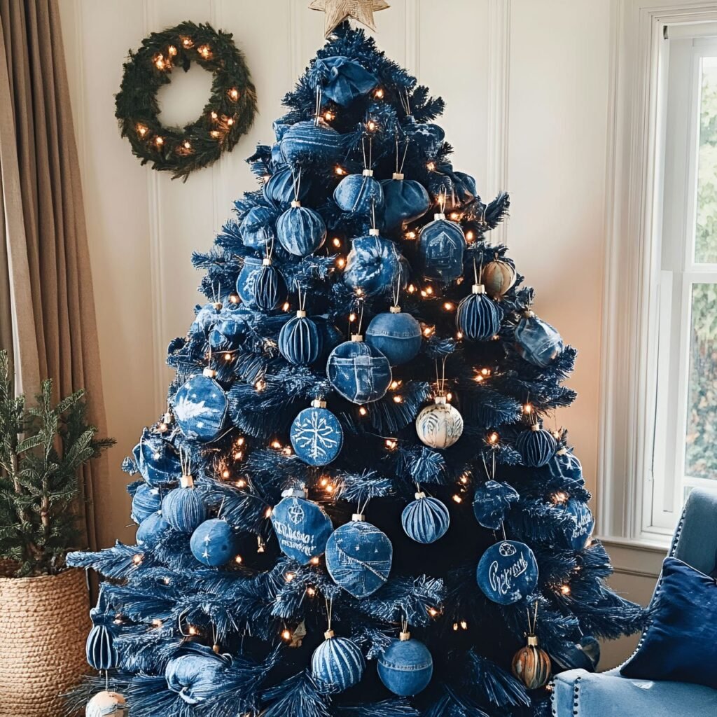 11. Denim-Inspired Blue Christmas Tree with Upcycled Ornaments