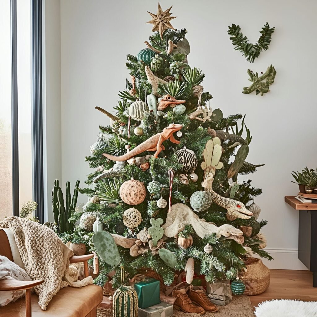 22. Desert Wildlife Christmas Tree with Cactus and Lizard Accents