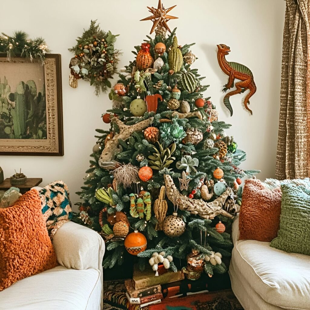 22. Desert Wildlife Christmas Tree with Cactus and Lizard Accents