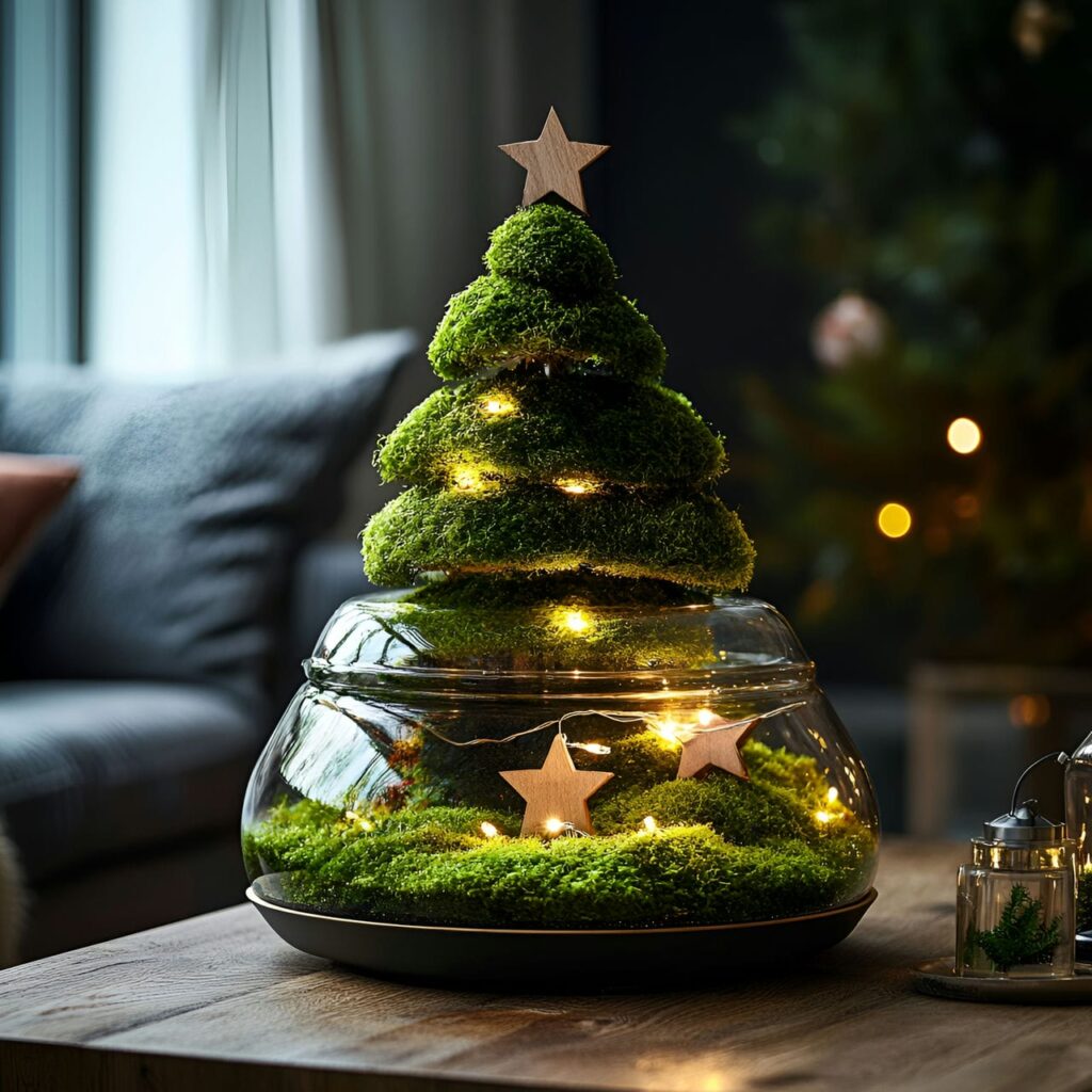 25. DIY Moss Christmas Tree with Wooden Star Decorations