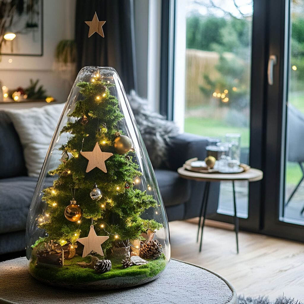 25. DIY Moss Christmas Tree with Wooden Star Decorations