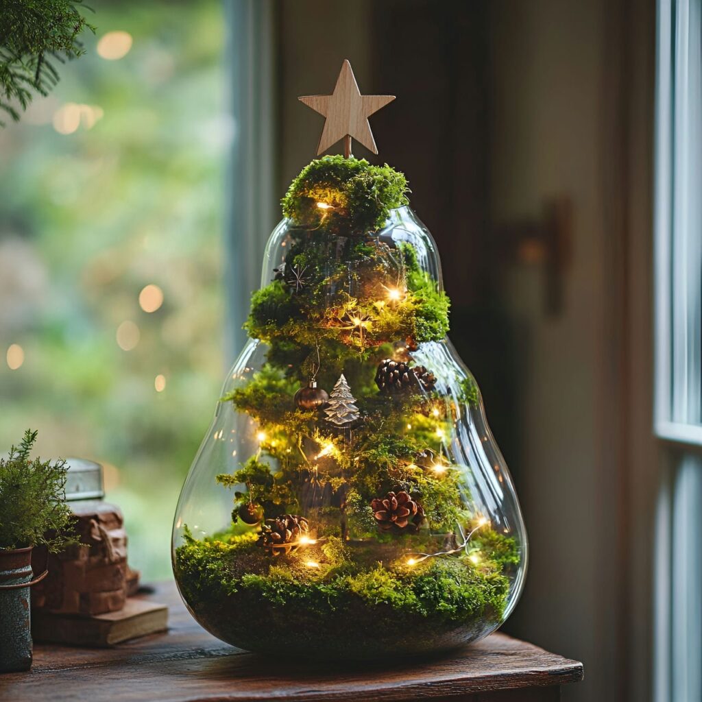 25. DIY Moss Christmas Tree with Wooden Star Decorations