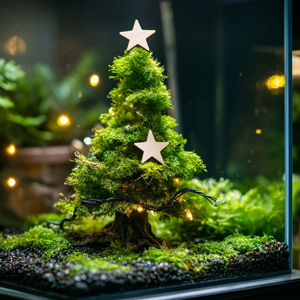 25. DIY Moss Christmas Tree with Wooden Star Decorations