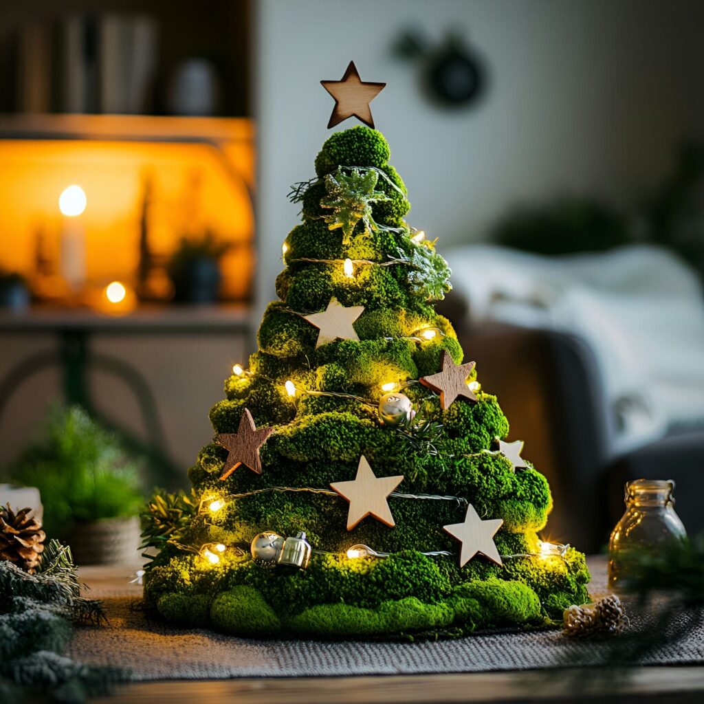 25. DIY Moss Christmas Tree with Wooden Star Decorations