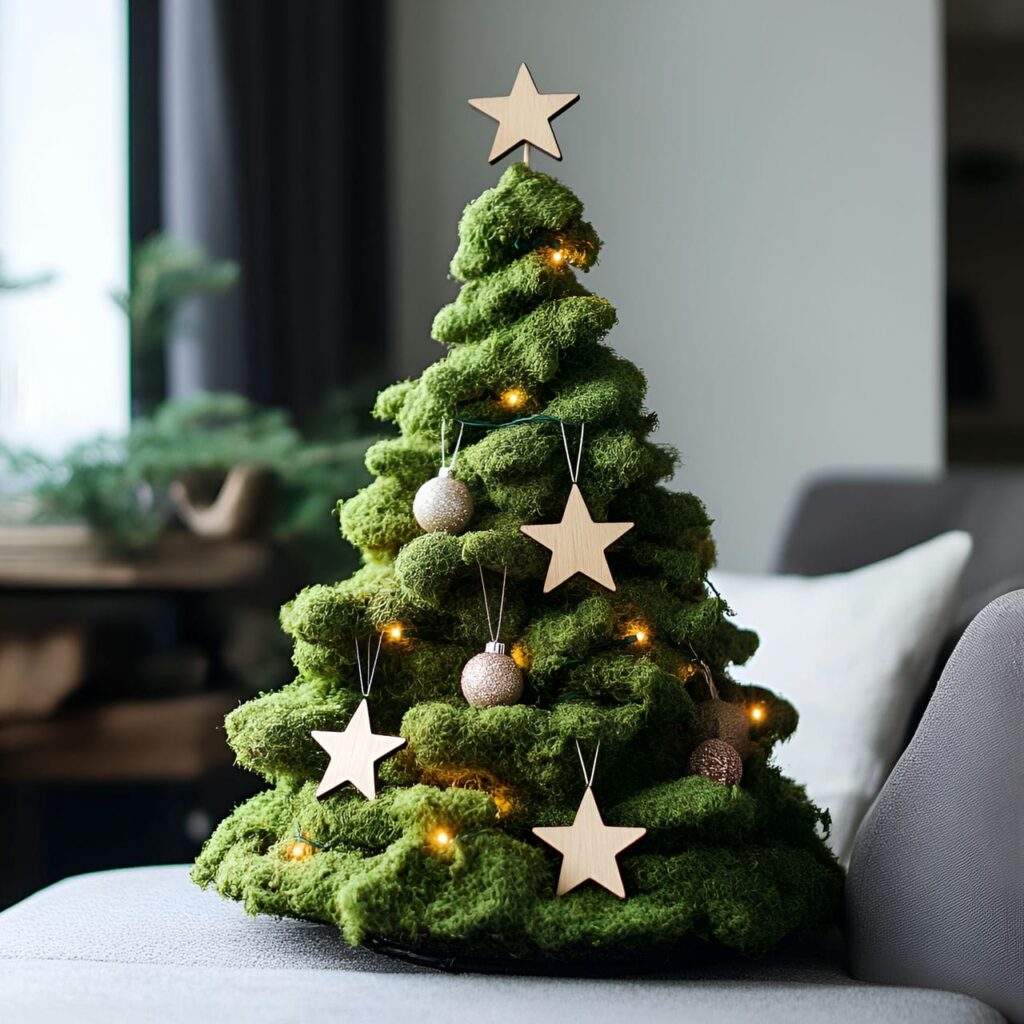 25. DIY Moss Christmas Tree with Wooden Star Decorations