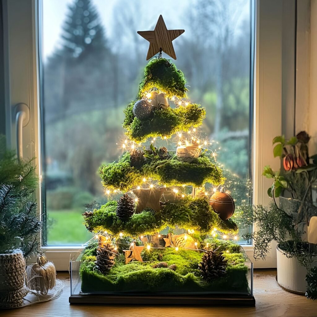 25. DIY Moss Christmas Tree with Wooden Star Decorations