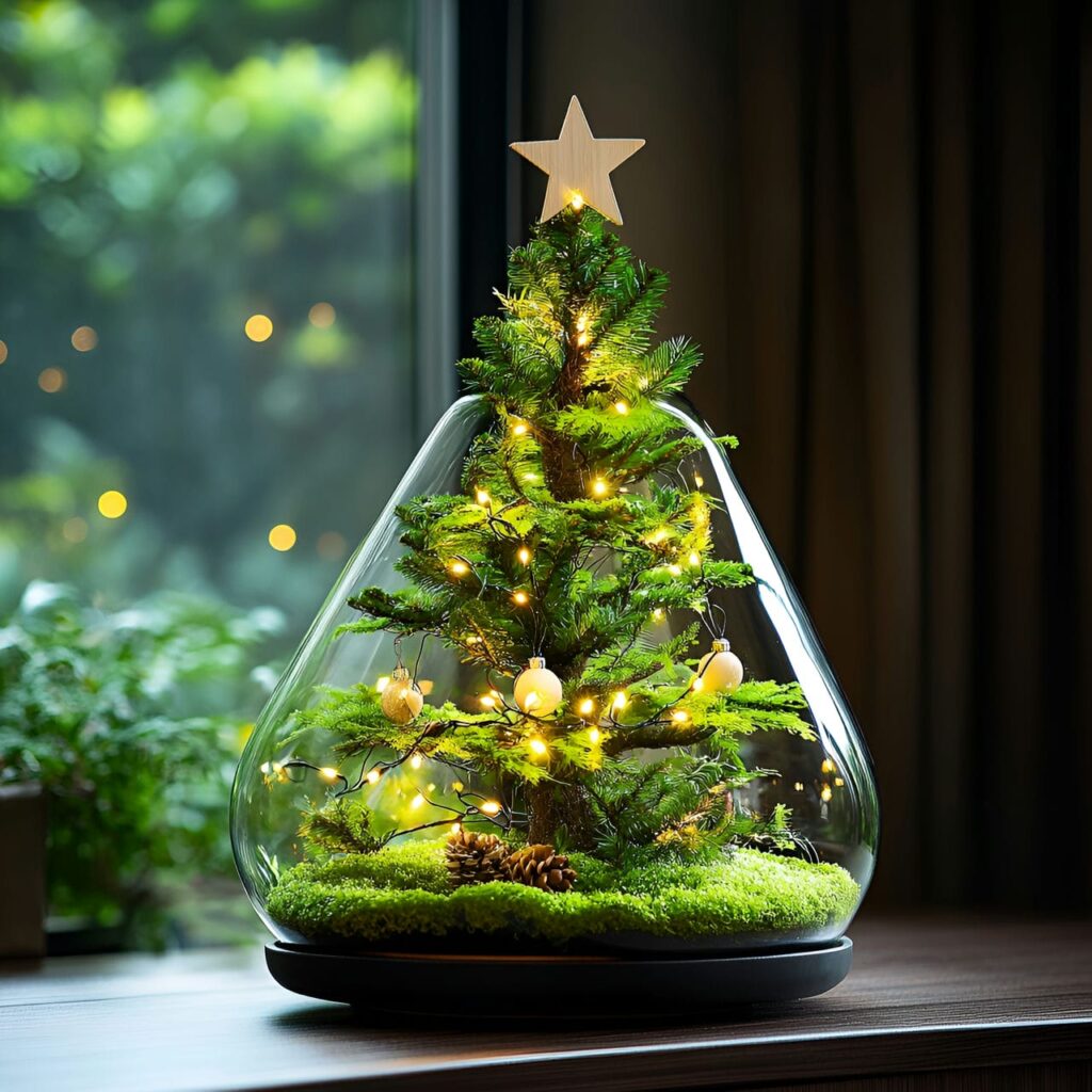 25. DIY Moss Christmas Tree with Wooden Star Decorations