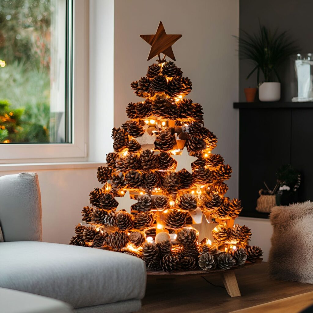 10. DIY Pinecone Christmas Tree with LED Lights