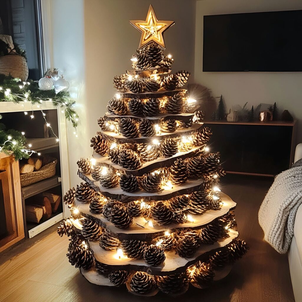 10. DIY Pinecone Christmas Tree with LED Lights