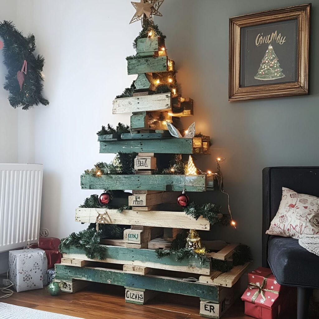 04. DIY Wood Pallet Christmas Tree with Fabric Ornaments