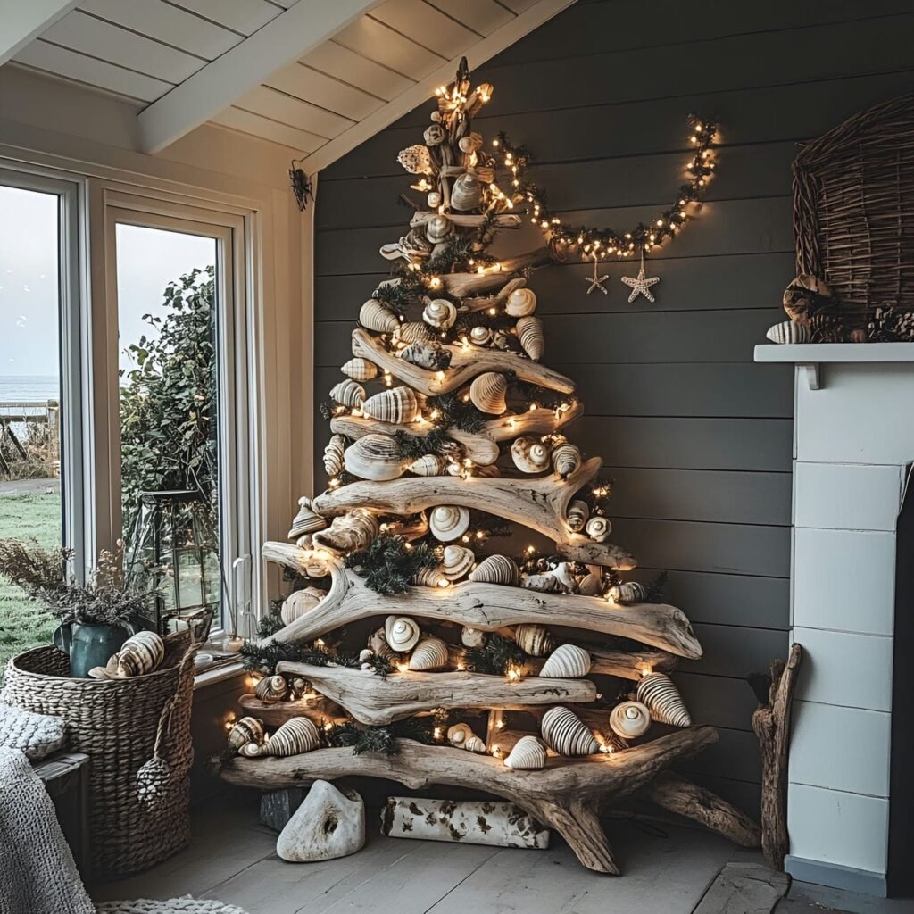 01. Driftwood Christmas Tree with Coastal Seashell Ornaments