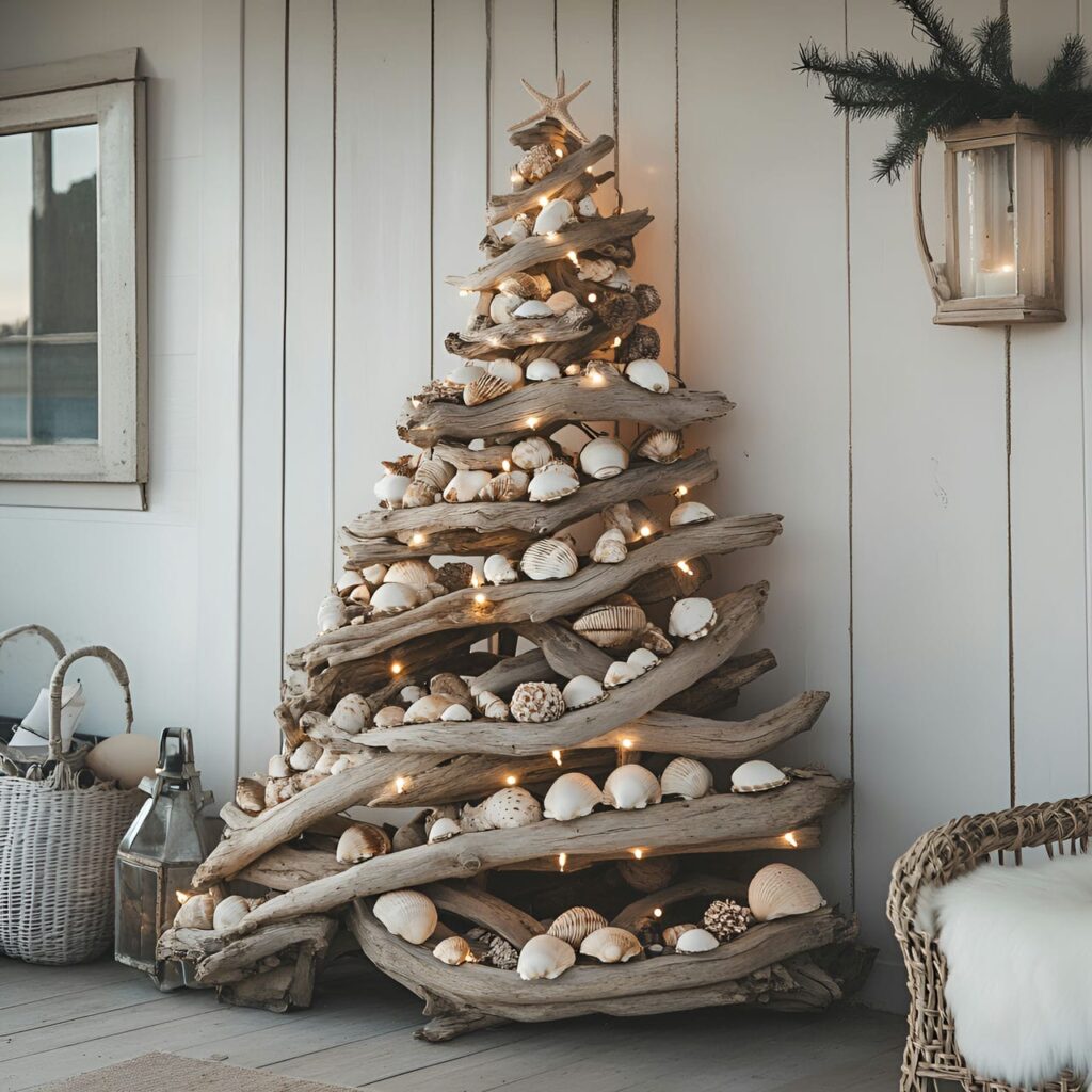 01. Driftwood Christmas Tree with Coastal Seashell Ornaments