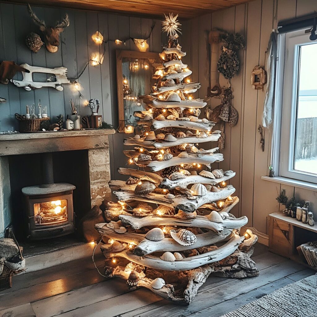 01. Driftwood Christmas Tree with Coastal Seashell Ornaments