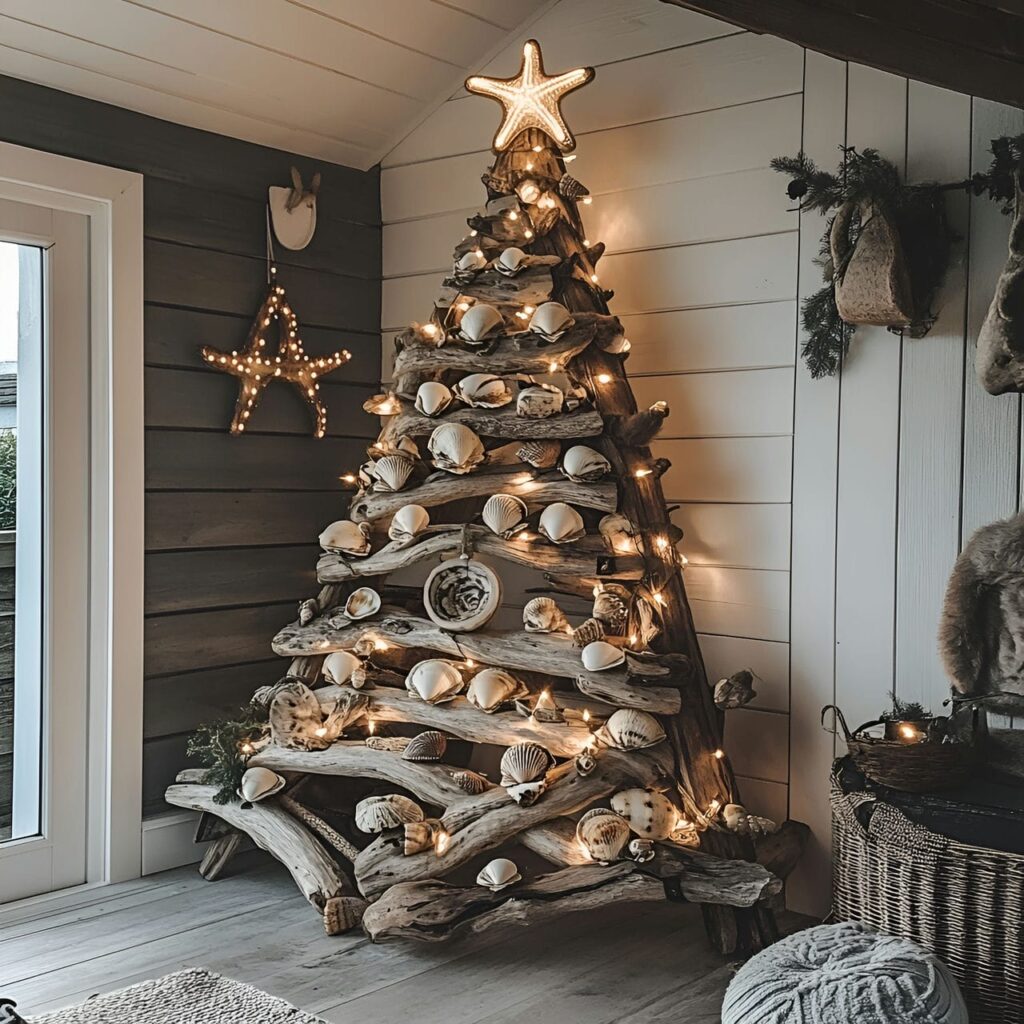 01. Driftwood Christmas Tree with Coastal Seashell Ornaments