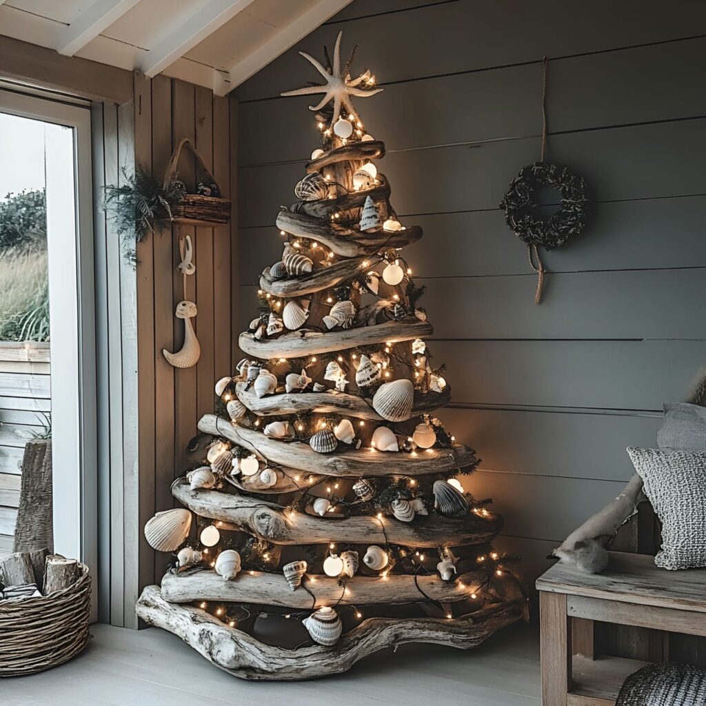 01. Driftwood Christmas Tree with Coastal Seashell Ornaments