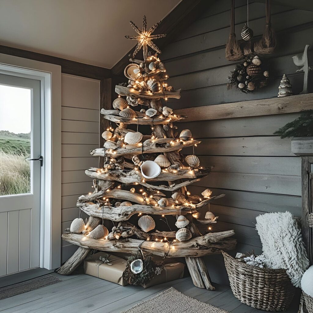 01. Driftwood Christmas Tree with Coastal Seashell Ornaments