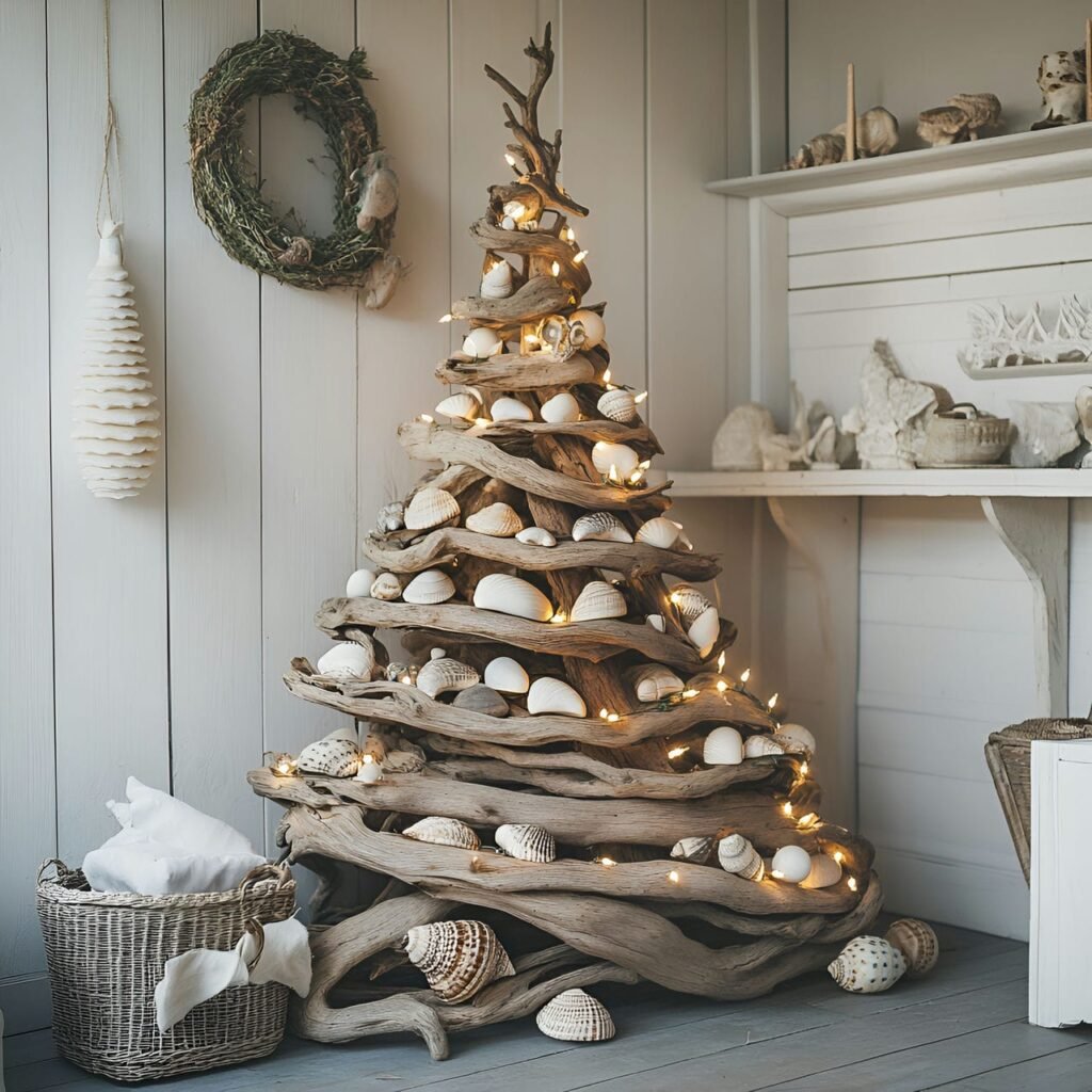 01. Driftwood Christmas Tree with Coastal Seashell Ornaments