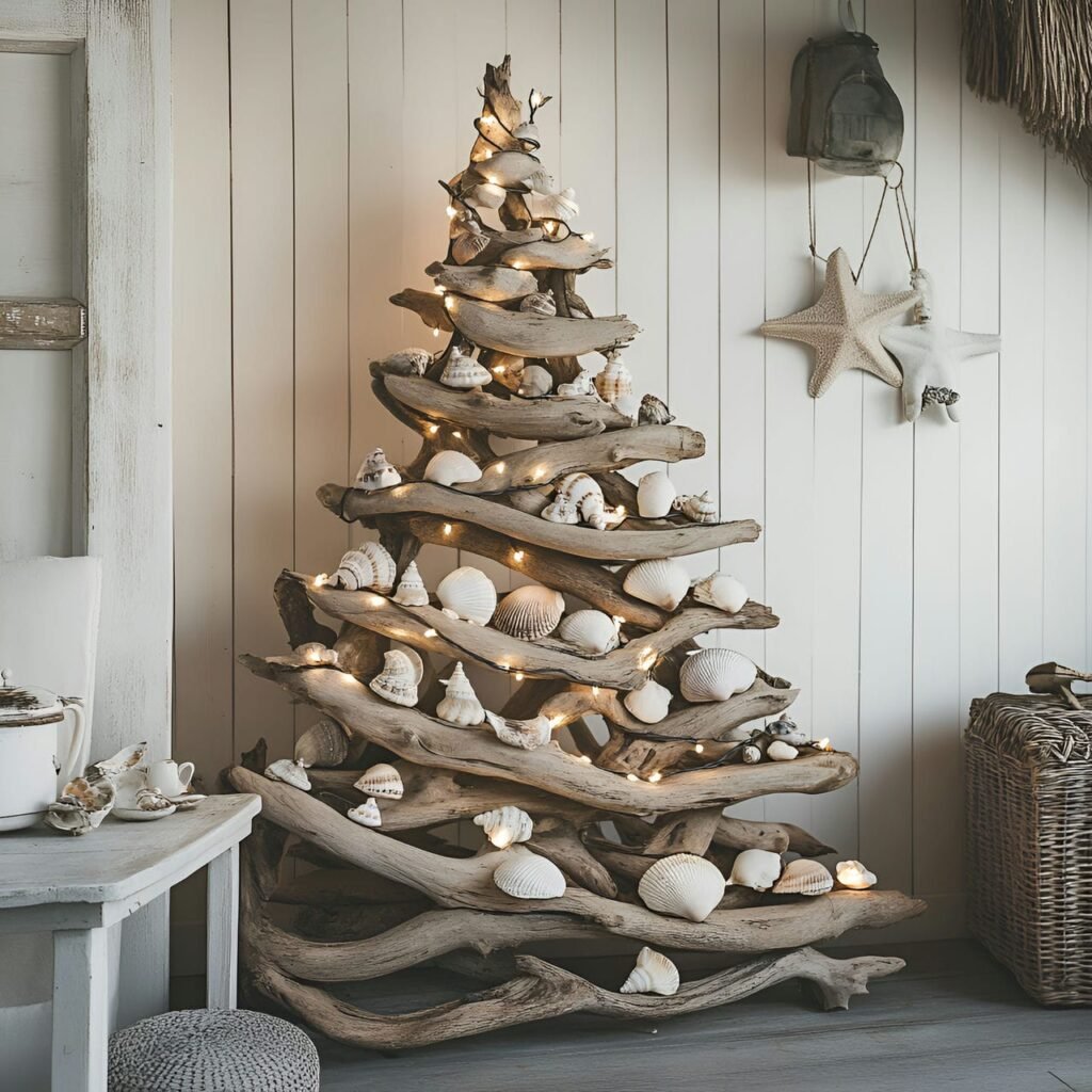 01. Driftwood Christmas Tree with Coastal Seashell Ornaments