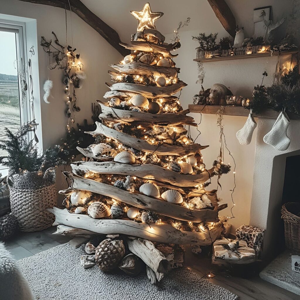 01. Driftwood Christmas Tree with Coastal Seashell Ornaments