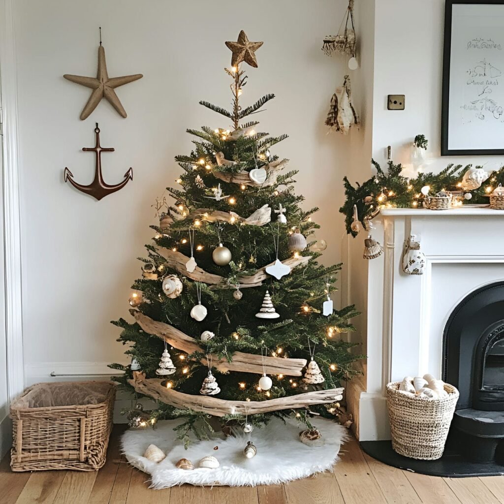 18. Driftwood Ornament Christmas Tree with Coastal Motifs